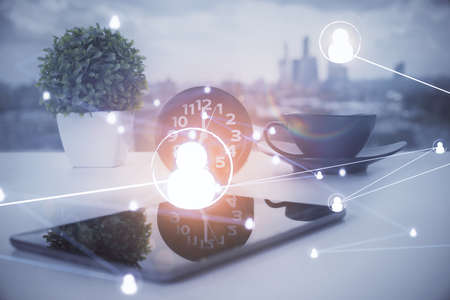 Double exposure of social network theme drawing and cell phone background. Concept of people...