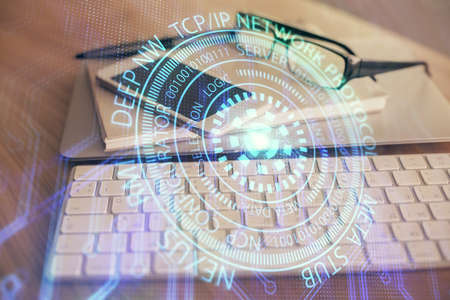 Double exposure of data theme drawing and mobile phone background. Concept of innovationの写真素材