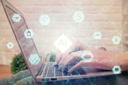 Double exposure of woman hands working on computer and data theme hologram drawing. Tech concept.の写真素材