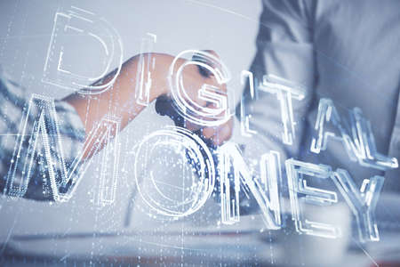 Double exposure of blockchain hologram and handshake of two men. Crypto business concept.の写真素材