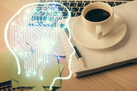 Double exposure of brain drawing and desktop with coffee and items on table background. Concept of research.の写真素材