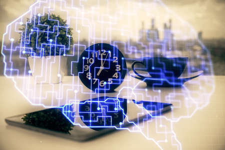 Double exposure of brain theme drawing and cell phone background. Concept of information