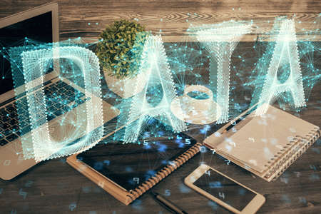 Double exposure of data theme drawing and mobile phone background. Concept of innovationの写真素材