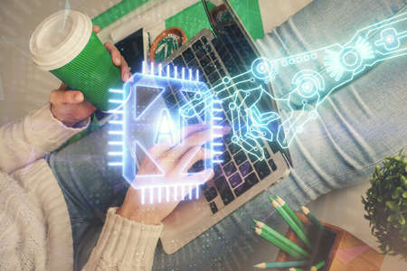 Double exposure of woman hands working on computer and data theme hologram drawing. Tech concept.