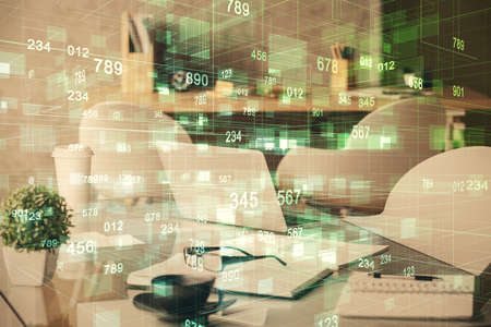 Double exposure of data theme drawing and office interior background. Concept of technology.