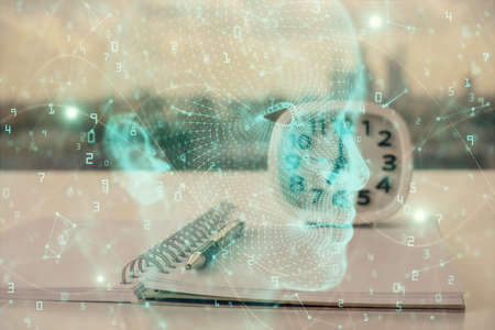 Multi exposure of brain drawings and desk with open notebook background. Concept of AI