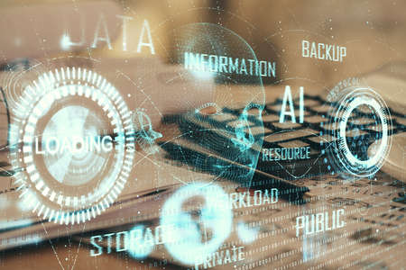 Multi exposure of data theme drawings and desk with open notebook background. Concept of educationの写真素材