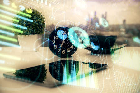 Double exposure of data theme drawing and mobile phone background. Concept of innovation