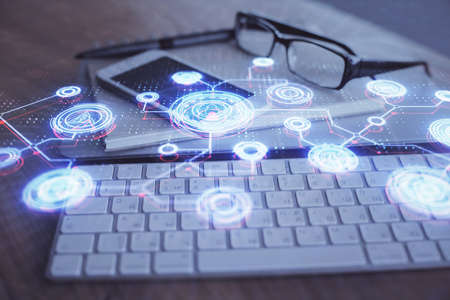 Double exposure of social network theme drawing and cell phone background. Concept of people...