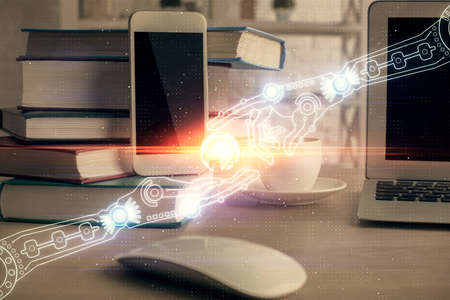 Double exposure of data theme drawing and mobile phone background. Concept of innovation