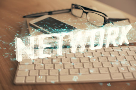 Double exposure of data theme drawing and mobile phone background. Concept of innovationの写真素材