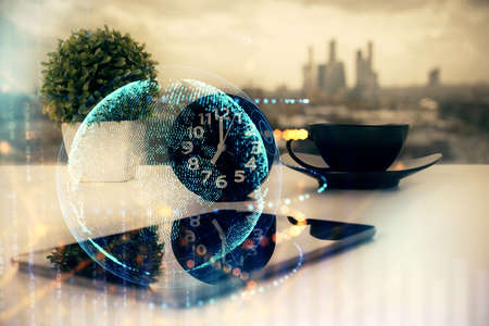 Double exposure of map drawing and cell phone background. Concept of data globalization
