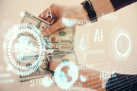 Multi exposure of technology drawing hologram and us dollars bills and man hands. Data conceptの写真素材