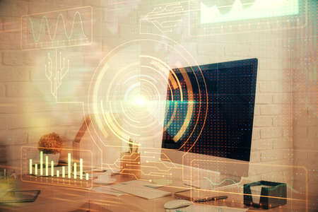 Double exposure of data theme drawing and office interior background. Concept of technology.