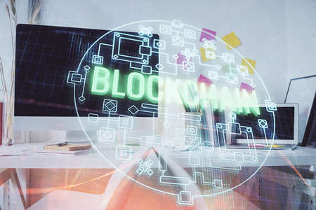 Double exposure of crypto technology theme drawing and office interior background. Concept of...