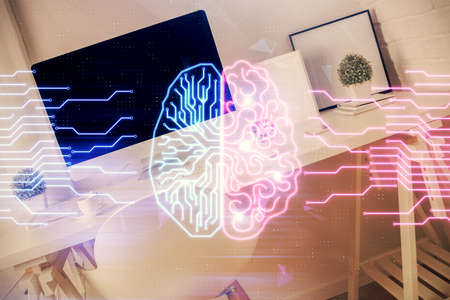 Multi exposure of brain drawing and office interior background. Concept of data technology.の写真素材