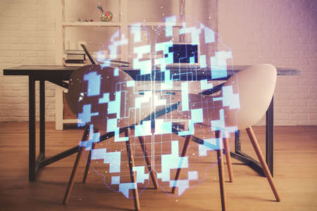 Multi exposure of data theme drawing and office interior background. Concept of technology.