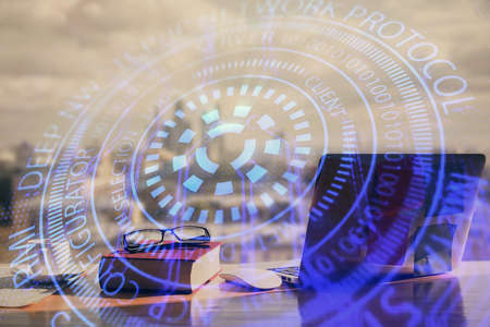 Multi exposure of data theme drawings and desk with open notebook background. Concept of educationの写真素材