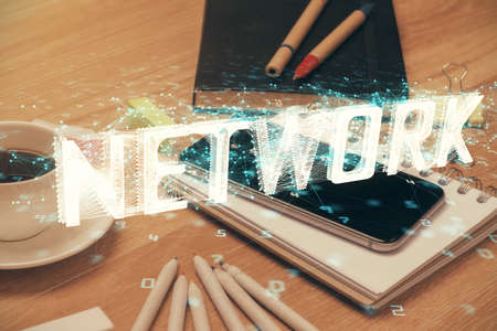 Double exposure of data theme drawing and mobile phone background. Concept of innovationの写真素材