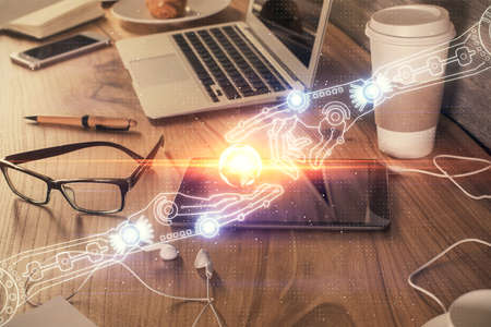 Double exposure of data theme drawing and mobile phone background. Concept of innovation