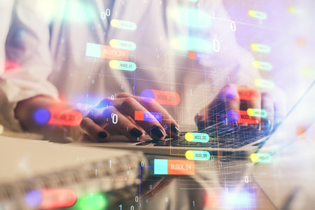 Double exposure of woman hands working on computer and data theme hologram drawing. Tech concept.