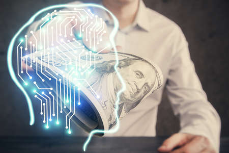 Multi exposure of brain drawing hologram and us dollars bills and man hands. Ai invest concept