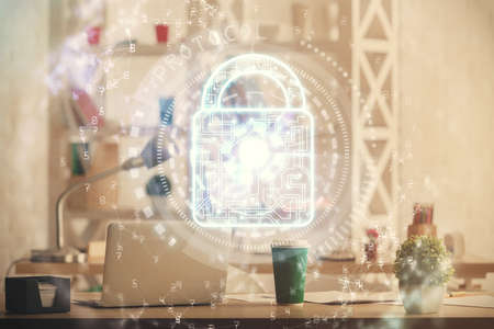 Multi exposure of lock drawing and office interior background. Concept of data security.の写真素材