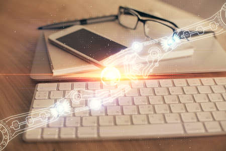 Double exposure of data theme drawing and mobile phone background. Concept of innovation