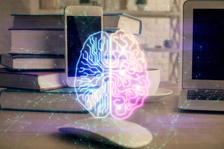 Double exposure of brain theme drawing and cell phone background. Concept of informationの写真素材
