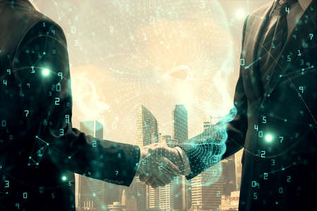 Double exposure of brain hologram and handshake of two men. Partnership in IT industry concept.