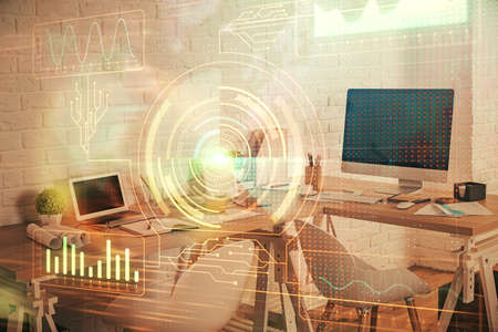 Double exposure of data theme drawing and office interior background. Concept of technology.