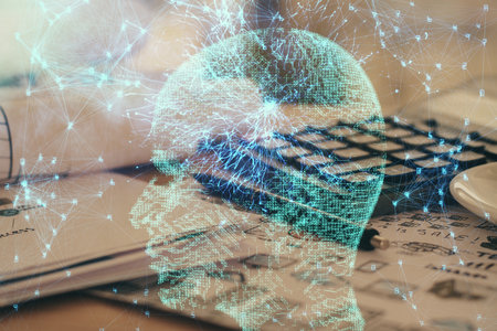 Multi exposure of brain drawings and desk with open notebook background. Concept of AIの写真素材