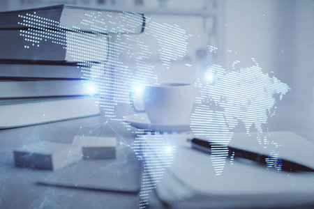 Double exposure of social network drawing and desktop with coffee and items on table background. Concept of international connection.の写真素材