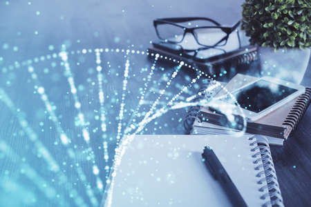 Double exposure of DNA drawing and cell phone background. Concept of medical educationの写真素材
