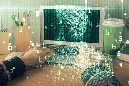 Double exposure of woman hands working on computer and data theme hologram drawing. Tech concept.