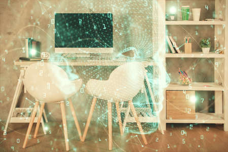 Multi exposure of brain drawing and office interior background. Concept of data technology.