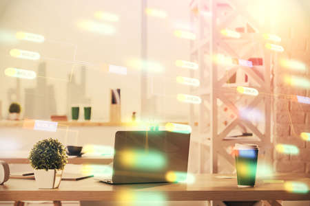 Double exposure of data theme drawing and office interior background. Concept of technology.の写真素材