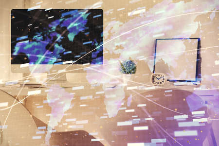 Multi exposure of data theme drawing and office interior background. Concept of technology.の写真素材