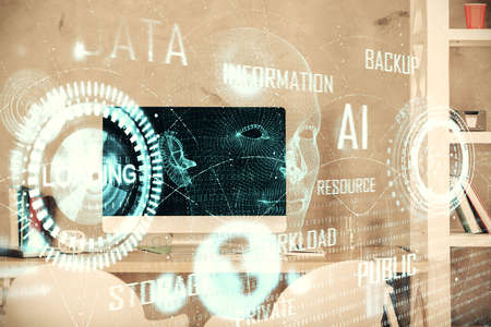 Multi exposure of data theme drawing and office interior background. Concept of technology.