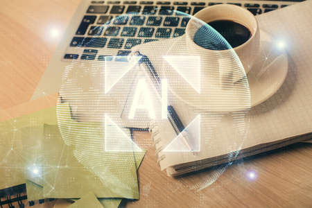 Multi exposure of technology theme drawing and desktop with coffee and items on table background. Concept of data research.の写真素材