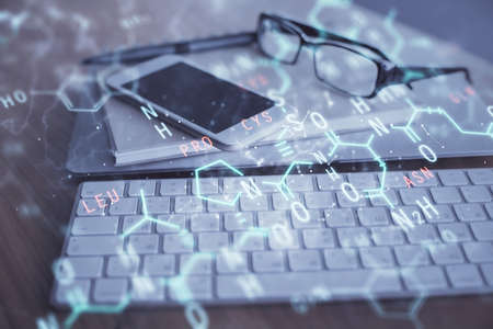 Double exposure of formula drawing and mobile phone background. Concept of educationの写真素材