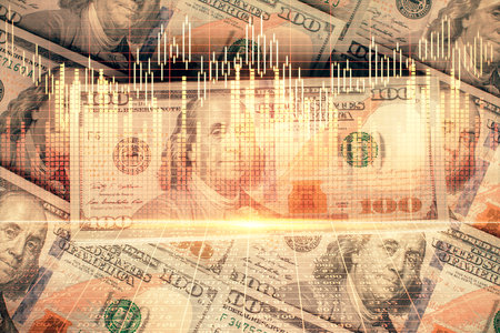 Multi exposure of forex chart drawing over us dollars bill background. Concept of financial success markets.の写真素材
