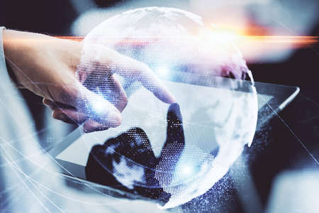Double exposure of mans hands holding and using a phone and international business theme drawing.の写真素材