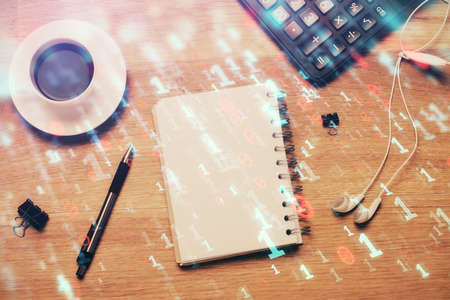 Multi exposure of crypto theme drawing and work table top veiw. Concept of blockchain technology in...