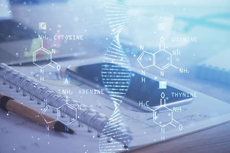 Double exposure of DNA drawing and cell phone background. Concept of medical education