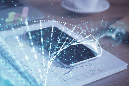 Double exposure of DNA drawing and cell phone background. Concept of medical educationの写真素材