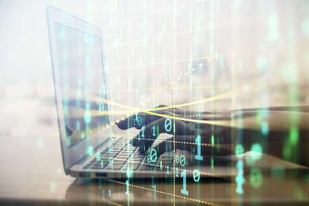 Double exposure of woman hands working on computer and data theme hologram drawing. Tech concept.