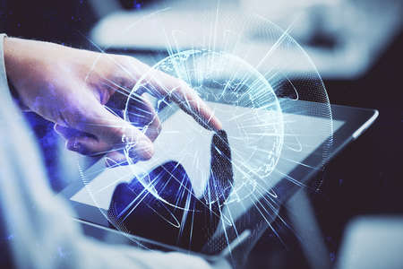 Double exposure of mans hands holding and using a phone and international business theme drawing.の写真素材