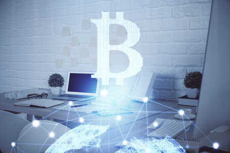 Double exposure of crypto technology theme drawing and office interior background. Concept of...