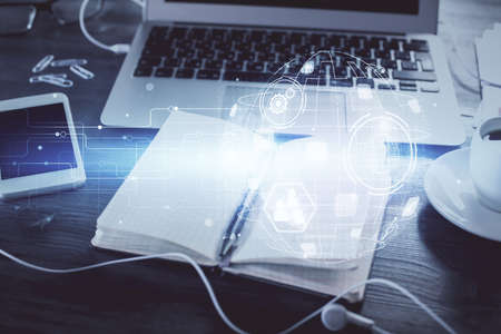 Double exposure of social network theme drawings and desk with open notebook background. Concept of...